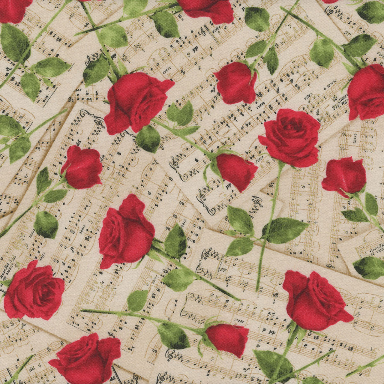 Beige Roses on Music Sheet Cotton 44"/45" Fabric Per Yard