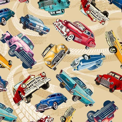 Tan Classic Cars Route 66 Cotton 44"/45" Fabric Per Yard
