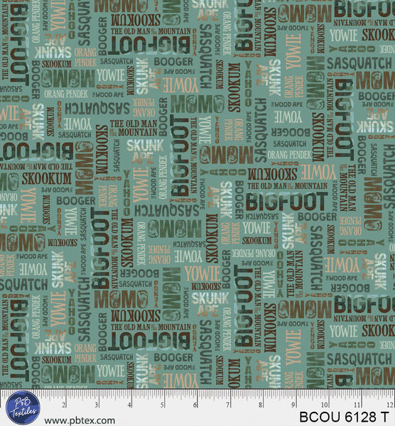 Teal Words Bigfoot Country BCOU-6128-T Cotton 44”/45” Fabric Per Yard