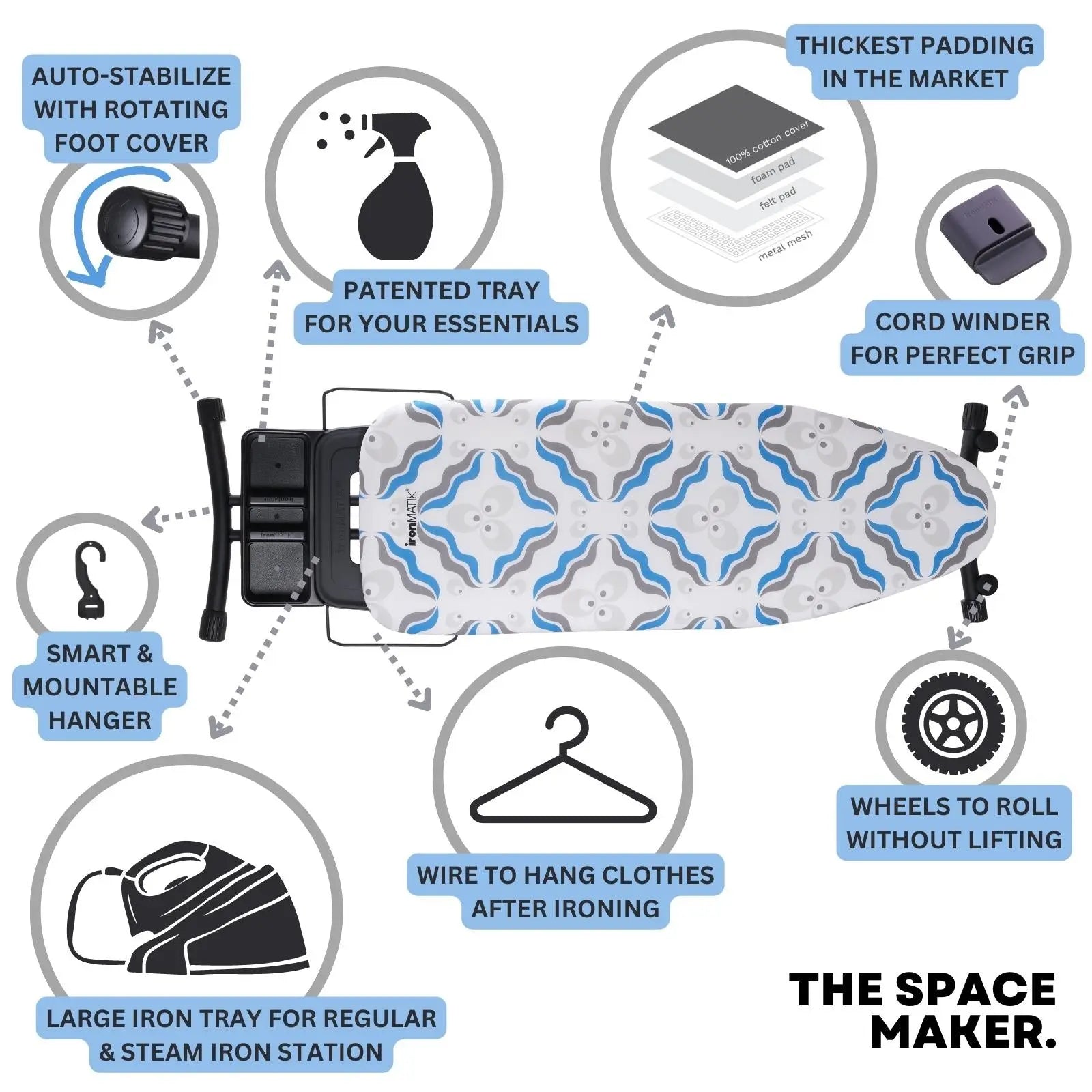 The BLACK Collection - Space Maker Premium Ironing Board in Chintamani Blue ironMATIK