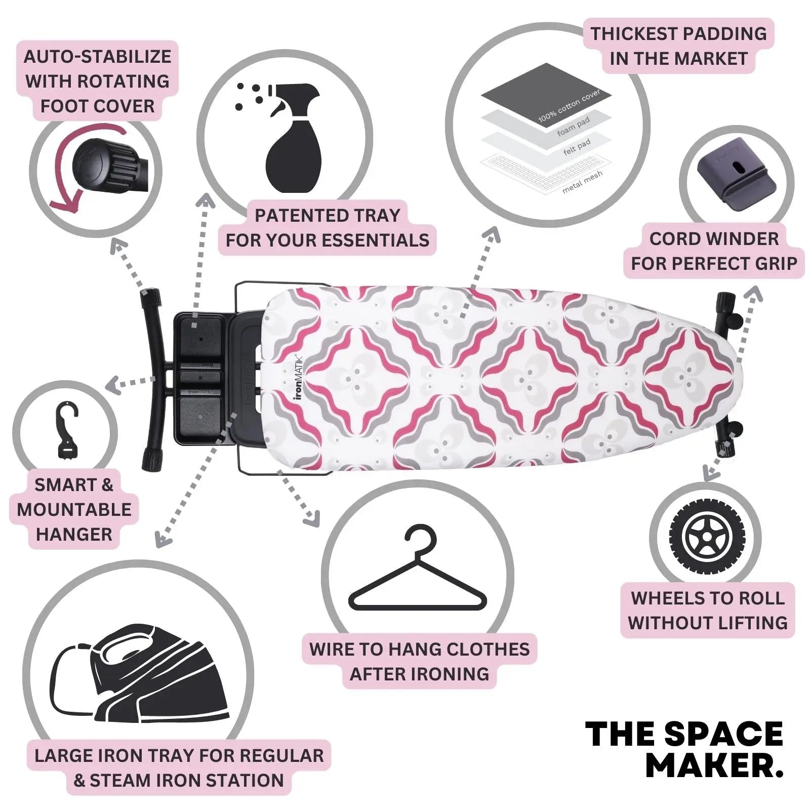 The BLACK Collection - Space Maker Premium Ironing Board in Chintamani Purple ironMATIK