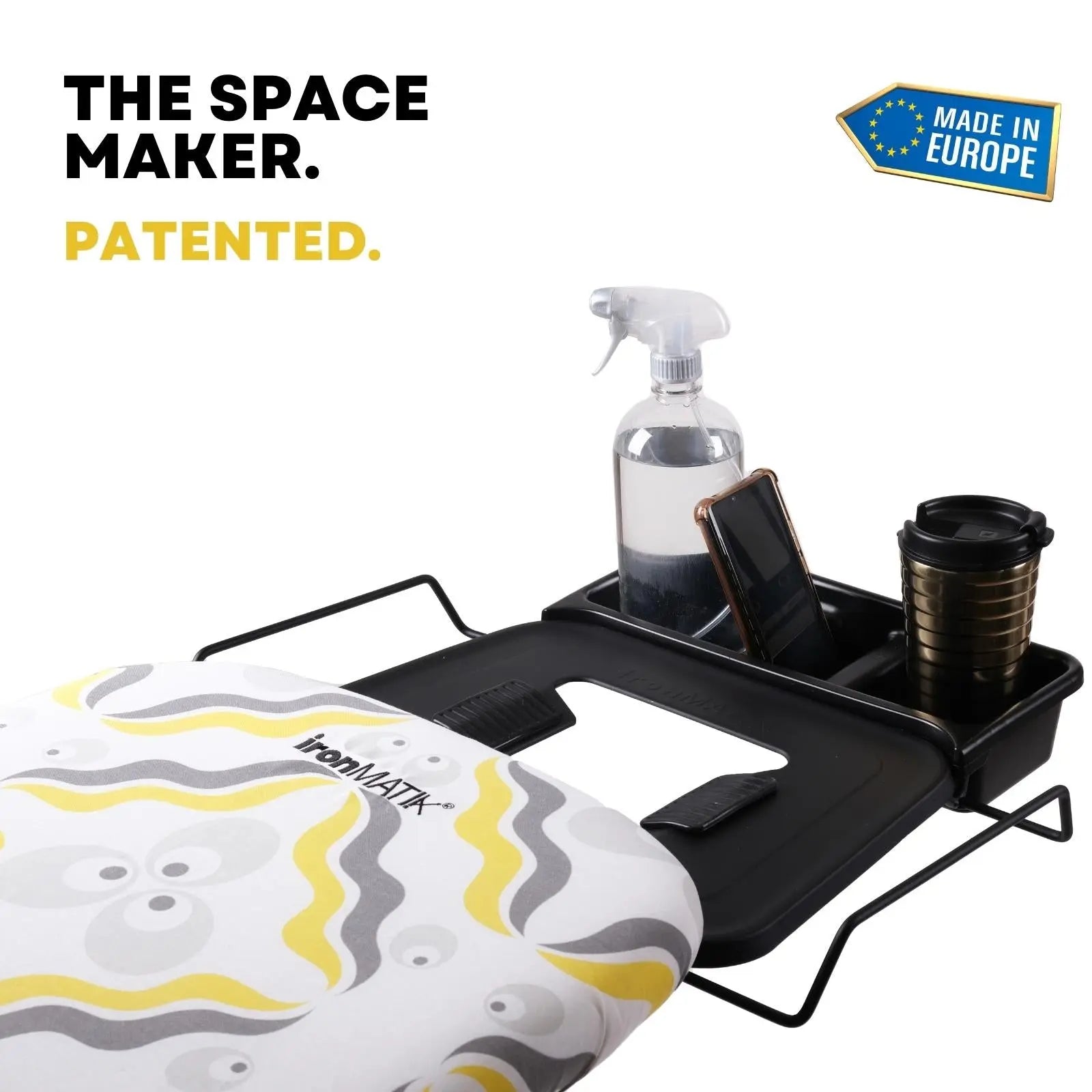 The BLACK Collection - Space Maker Premium Ironing Board in Chintamani Yellow ironMATIK