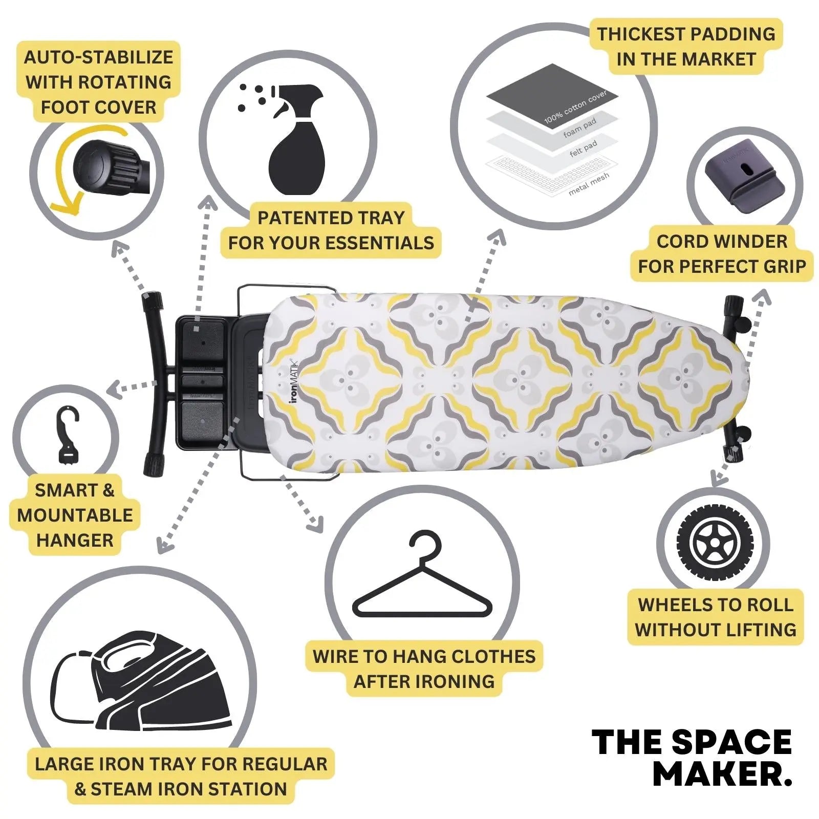 The BLACK Collection - Space Maker Premium Ironing Board in Chintamani Yellow ironMATIK