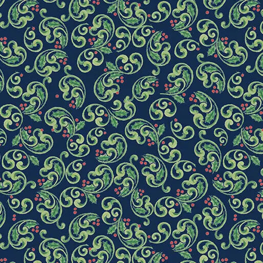 The Night Before Christmas - Berry Scroll - Navy 44" / 45" Fabric Per Yard The Fabric Company
