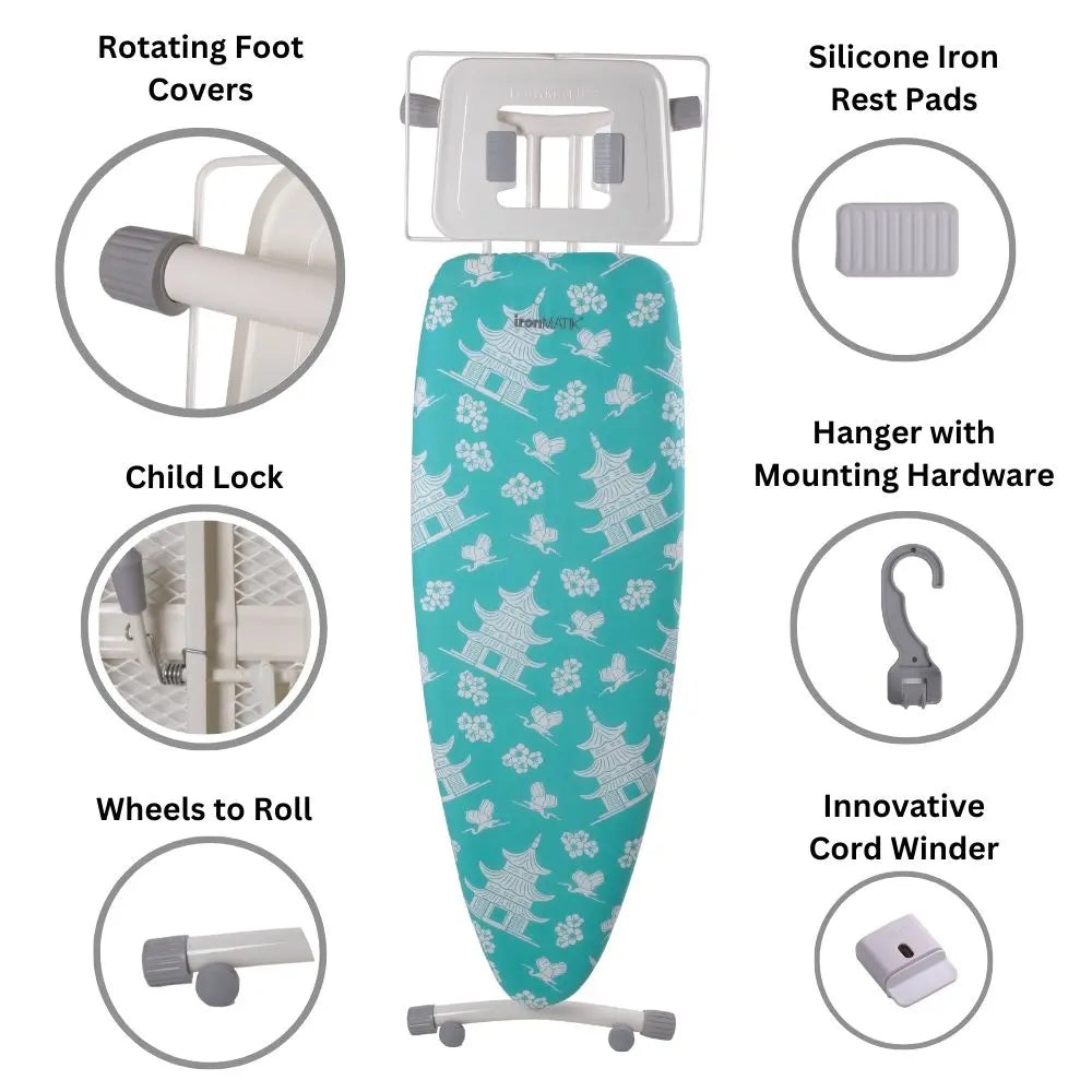 The PAGODA Collection - Space Surfer Premium Ironing Board in Pagoda Blue ironMATIK