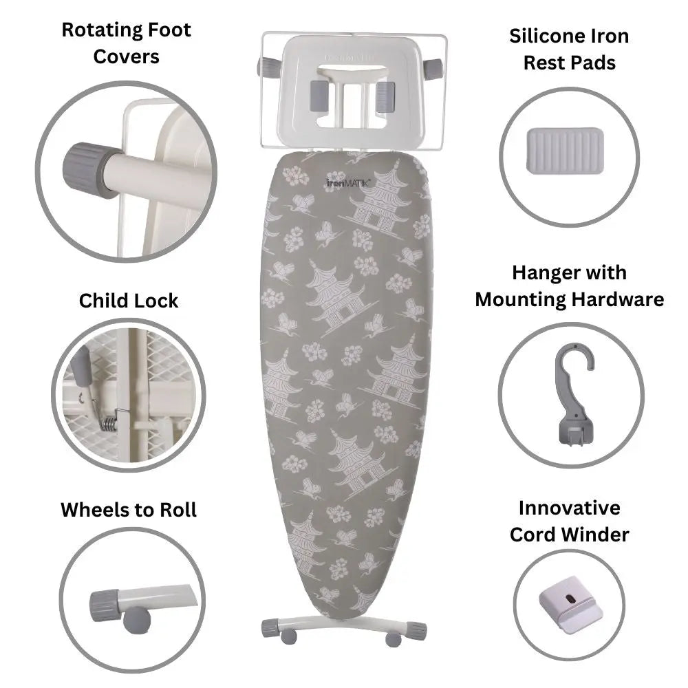 The PAGODA Collection - Space Surfer Premium Ironing Board in Pagoda Gray ironMATIK