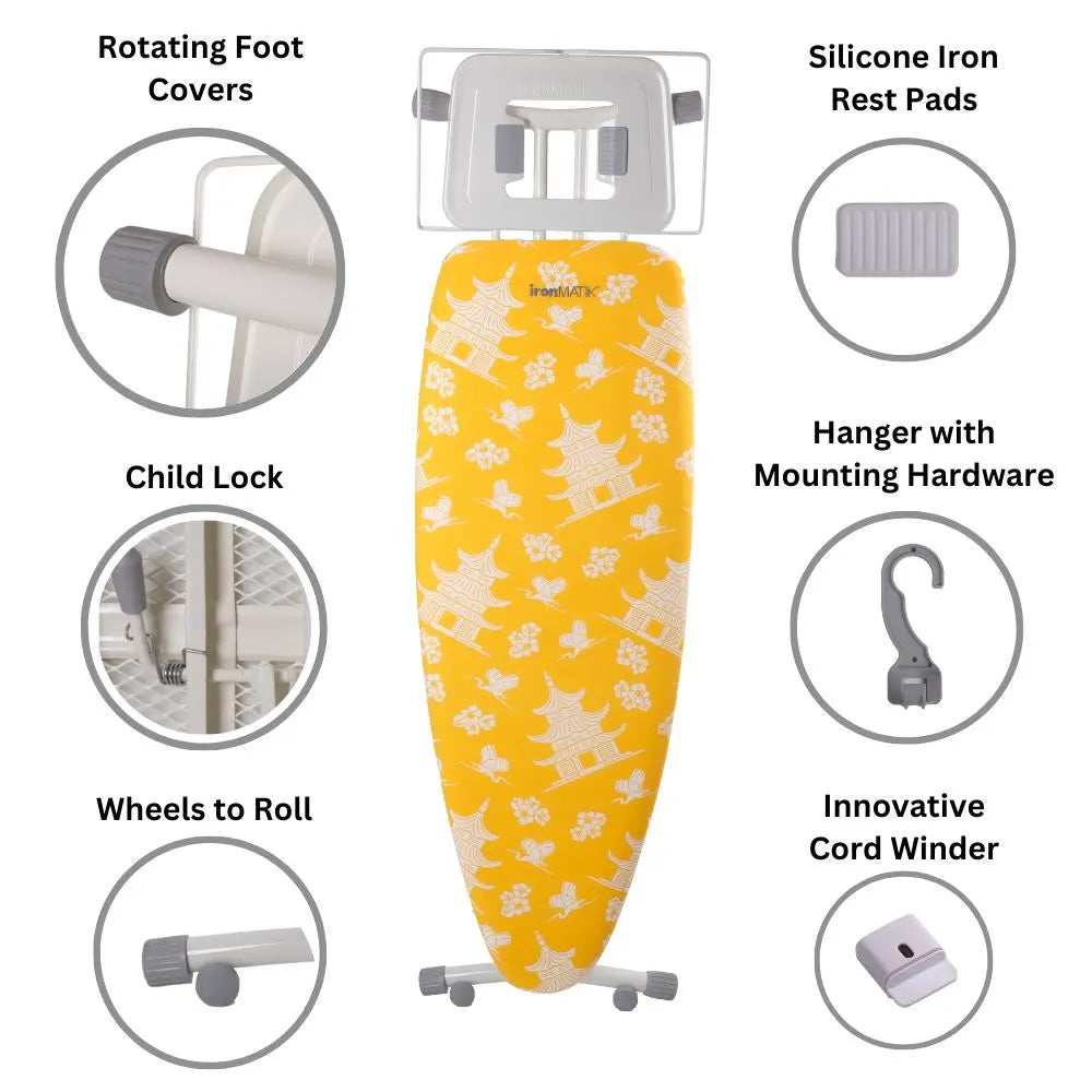 The PAGODA Collection - Space Surfer Premium Ironing Board in Pagoda Yellow ironMATIK