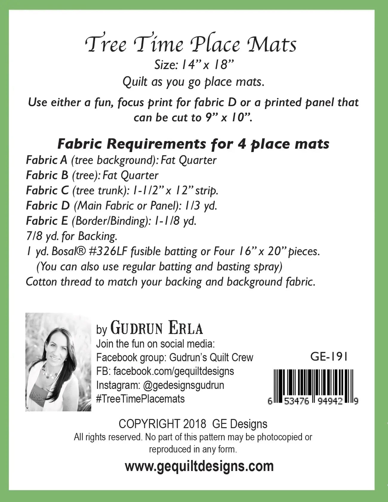 Tree Time Place Mats Pattern 191 GE Designs