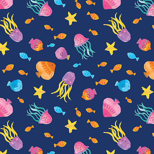 Tropical Fish Navy Cotton 44"/45" Fabric Per Yard