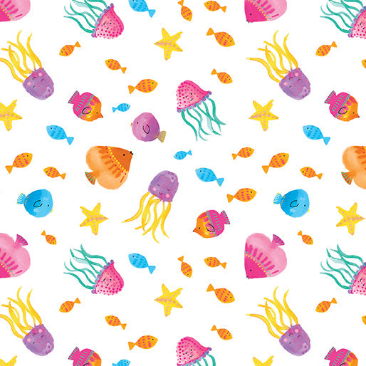 Tropical Fish White Cotton 44"/45" Fabric Per Yard