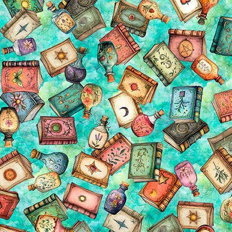 Turquoise Books Toss Witchypoo Cotton 44"/45" Fabric Per Yard