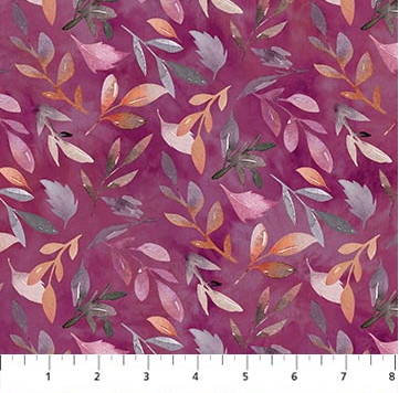 Northcott Vivian leaves quilting cotton fabric in Maroon