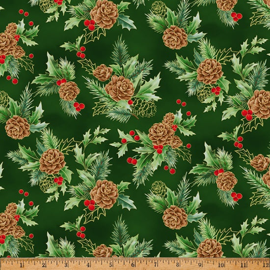 Hunter-Gold Christmas Splendor Cotton 43"/44" Fabric Per Yard