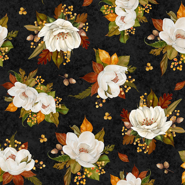 Oh My Gourd Floral Toss Black quilting fabric by Wilmington Prints
