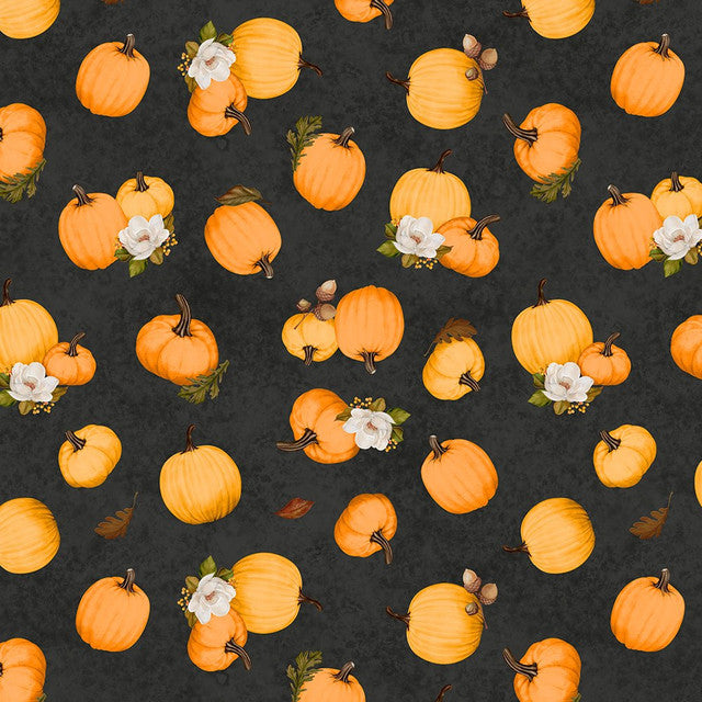 Oh My Gourd Pumpkins Black quilting fabric by Wilmington Prints