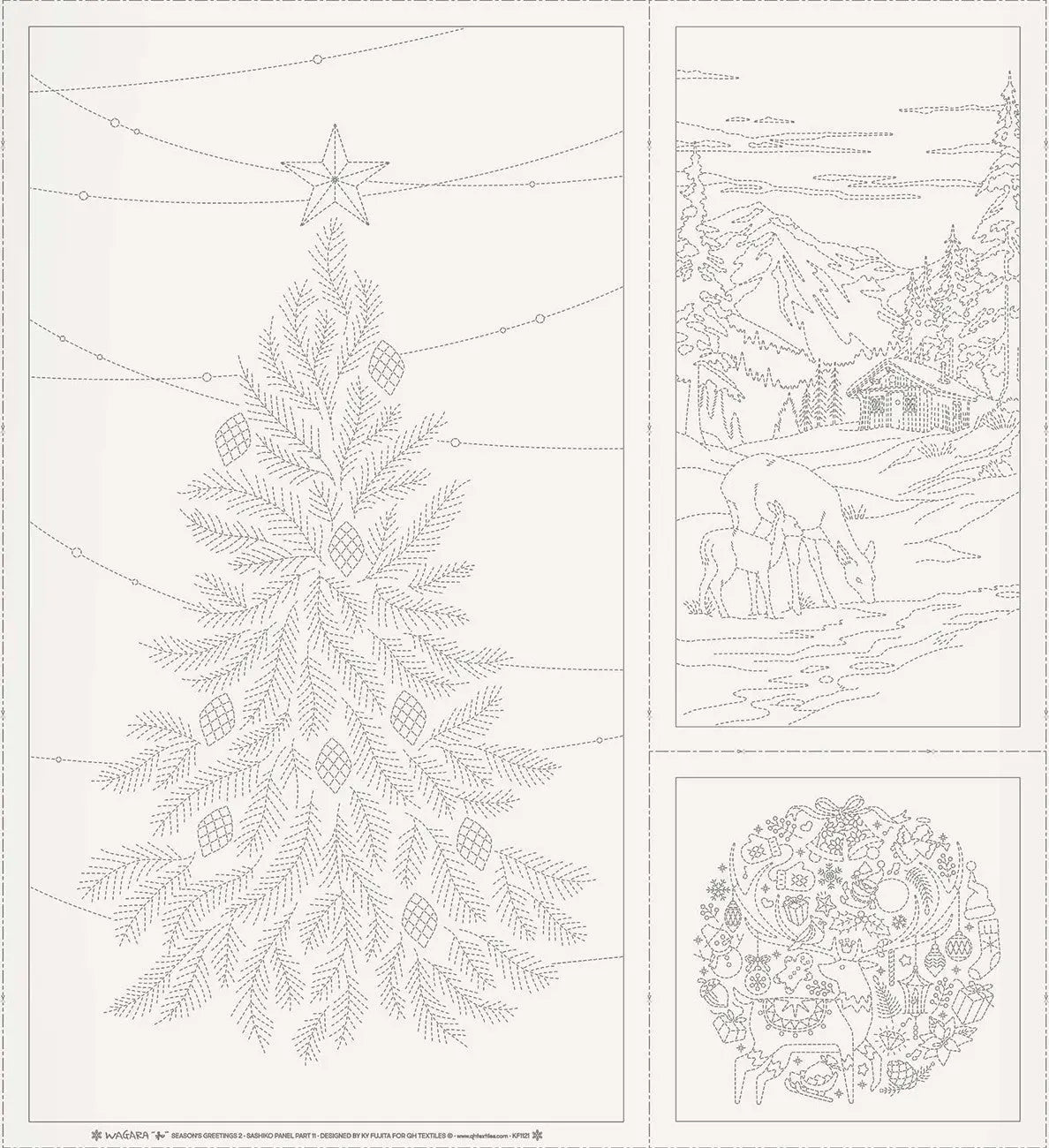 Wagara Sashiko Panel Season's Greeting Part 2 Off White - Linda's Electric Quilters