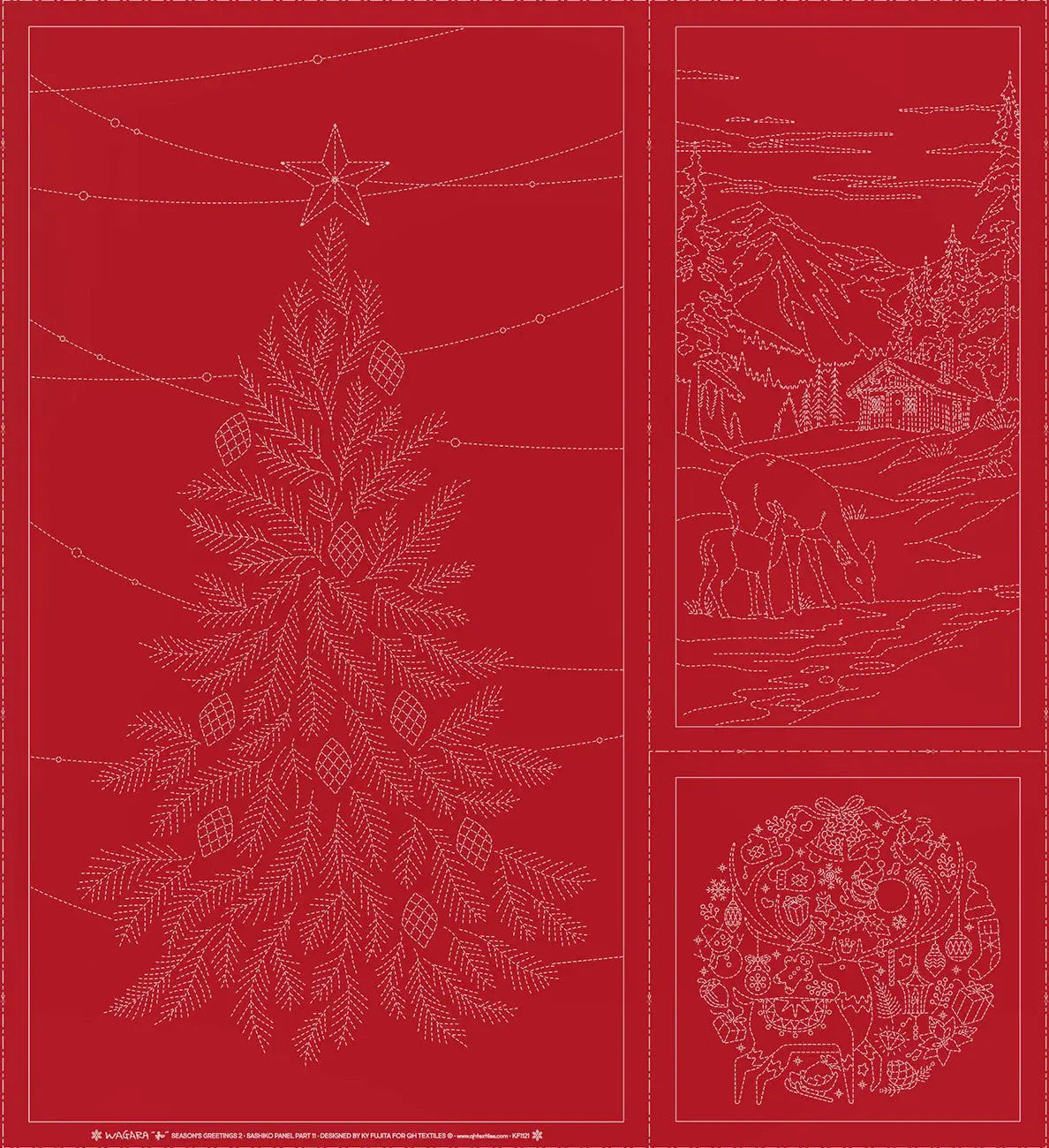 Wagara Sashiko Panel Season's Greeting Part 2 Red - Linda's Electric Quilters