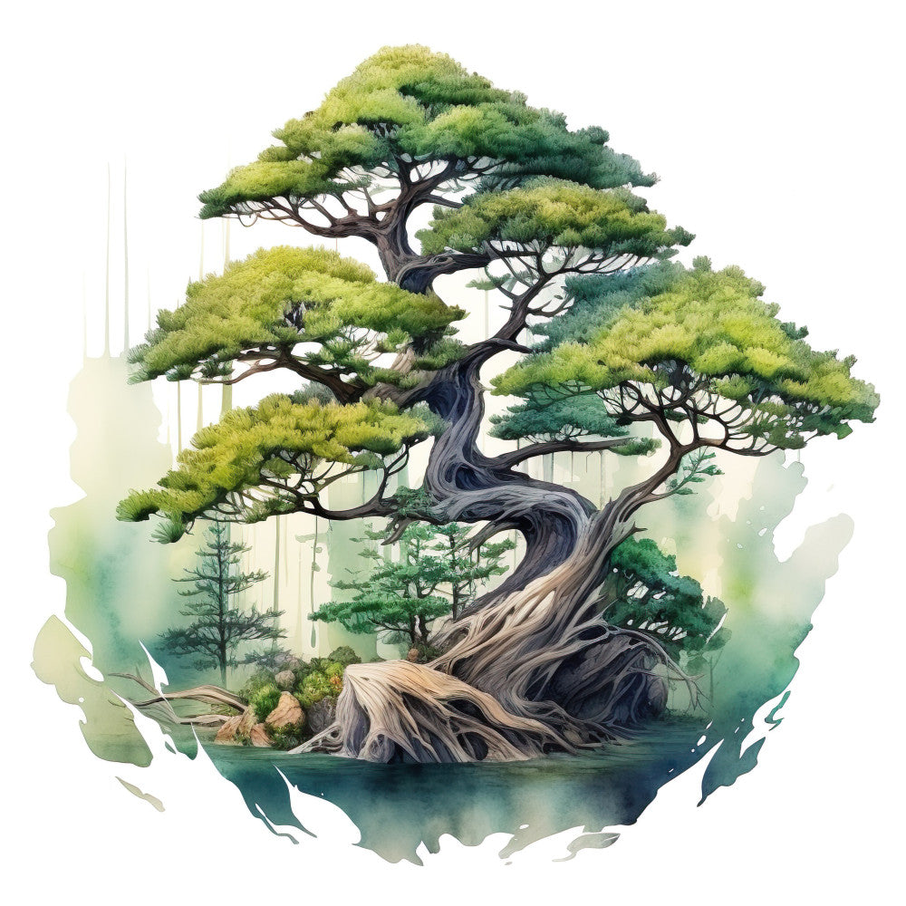 Watercolor Bonsai Tree Fabric Panel 1