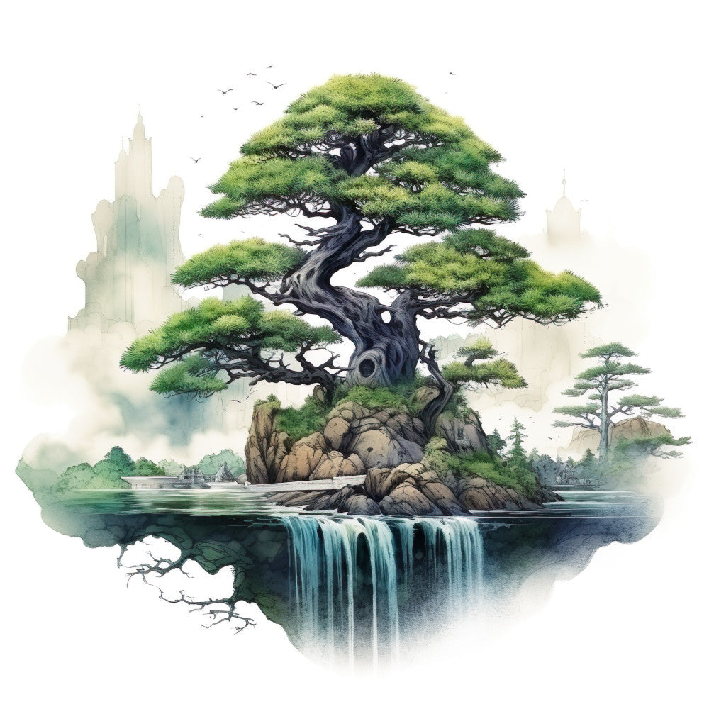 Watercolor Bonsai Tree Fabric Panel 2
