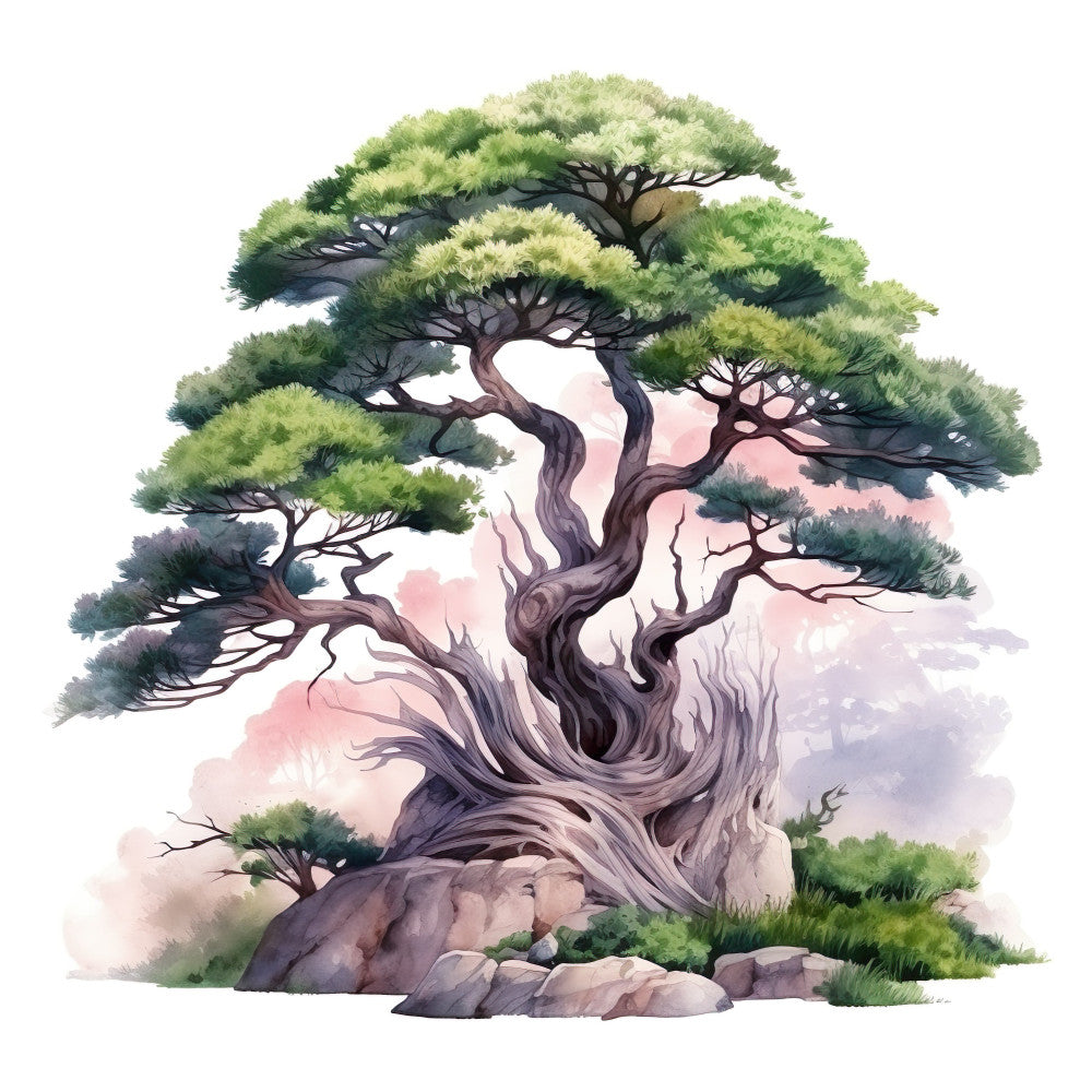 Watercolor Bonsai Tree Fabric Panel 4