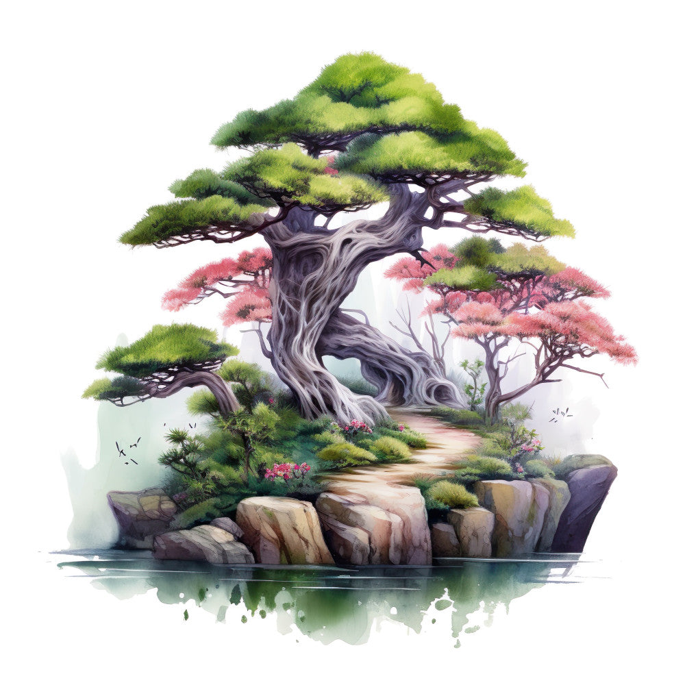 Watercolor Bonsai Tree Fabric Panel 9