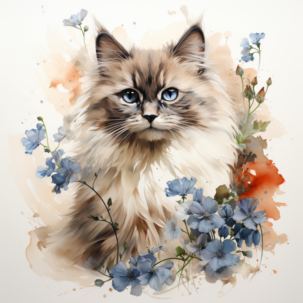 Watercolor Cats with Flowers Fabric Panel 12