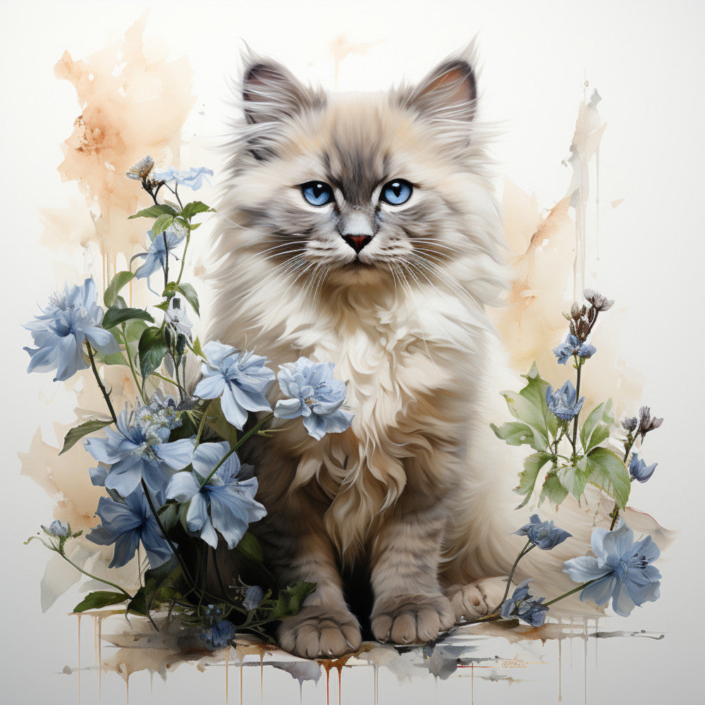 Watercolor Cats with Flowers Fabric Panel 13