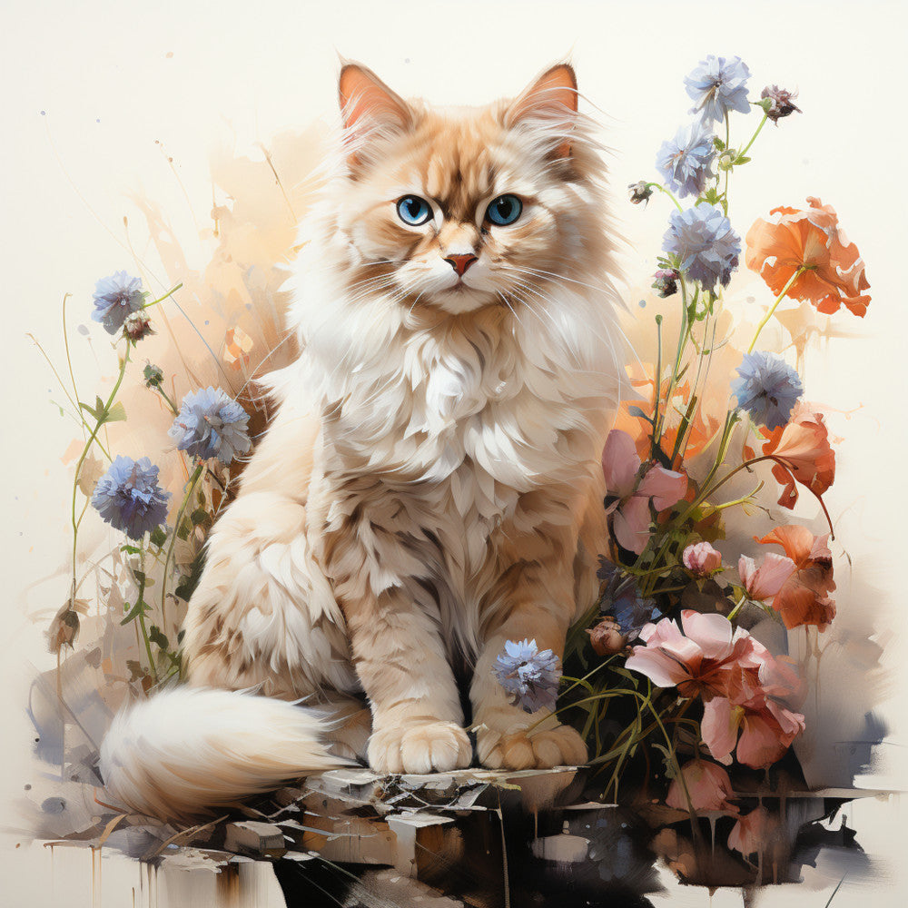 Watercolor Cats with Flowers Fabric Panel 15