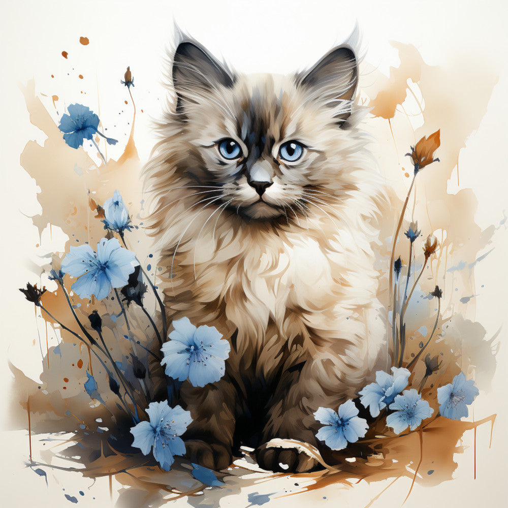 Watercolor Cats with Flowers Fabric Panel 16