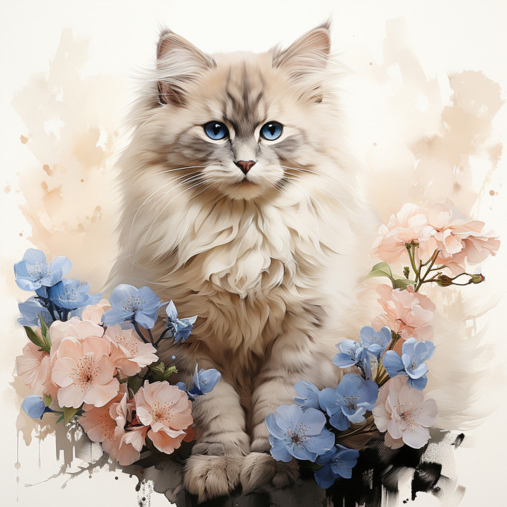 Watercolor Cats with Flowers Fabric Panel 18