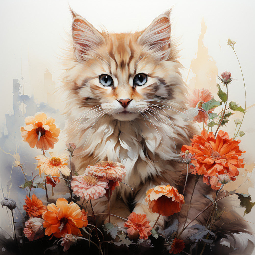 Watercolor Cats with Flowers Fabric Panel 5
