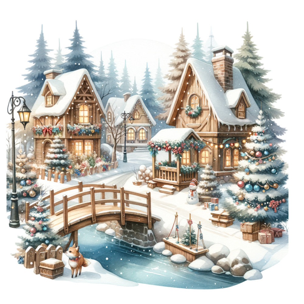 Watercolor Christmas Village Fabric Panel 1