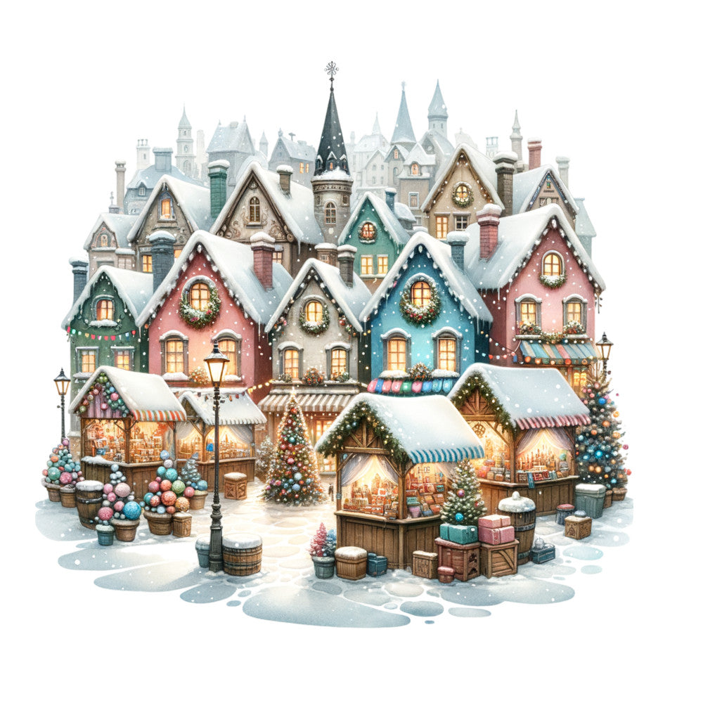 Watercolor Christmas Village Fabric Panel 10