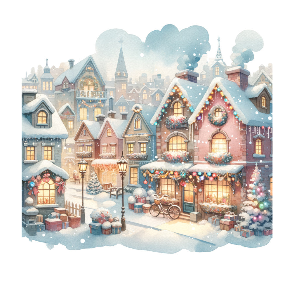 Watercolor Christmas Village Fabric Panel 11