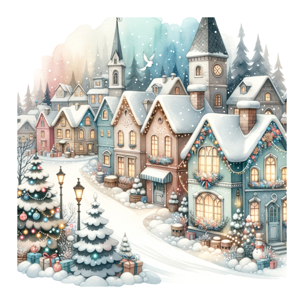 Watercolor Christmas Village Fabric Panel 12