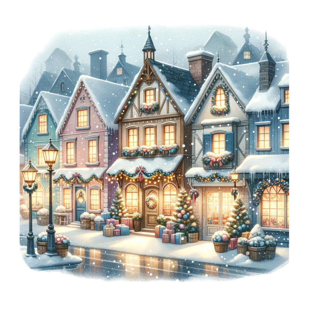 Watercolor Christmas Village Fabric Panel 2