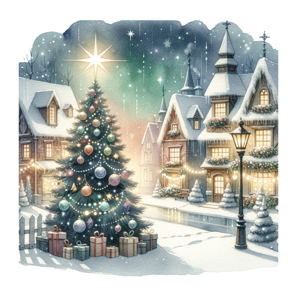 Watercolor Christmas Village Fabric Panel 3