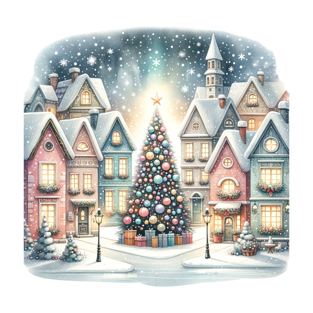 Watercolor Christmas Village Fabric Panel 4
