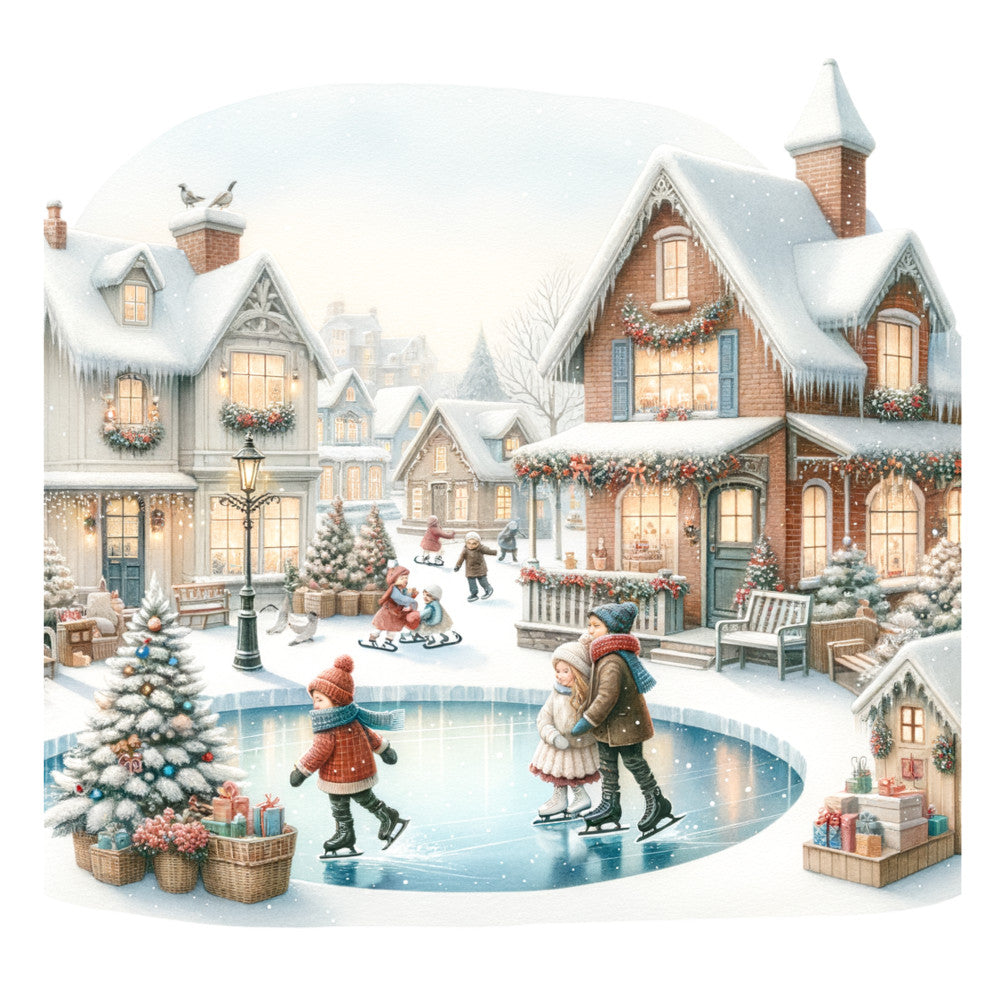 Watercolor Christmas Village Fabric Panel 5