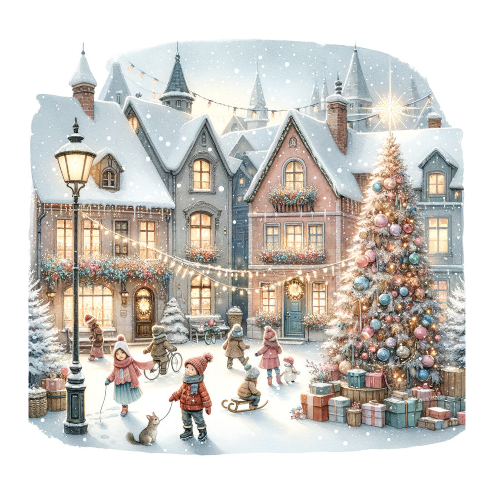 Watercolor Christmas Village Fabric Panel 6