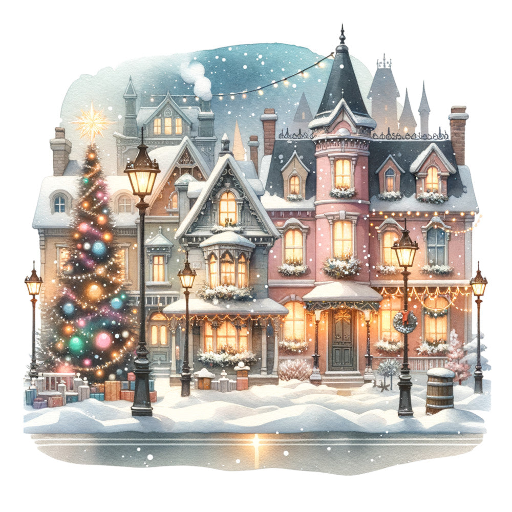 Watercolor Christmas Village Fabric Panel 7