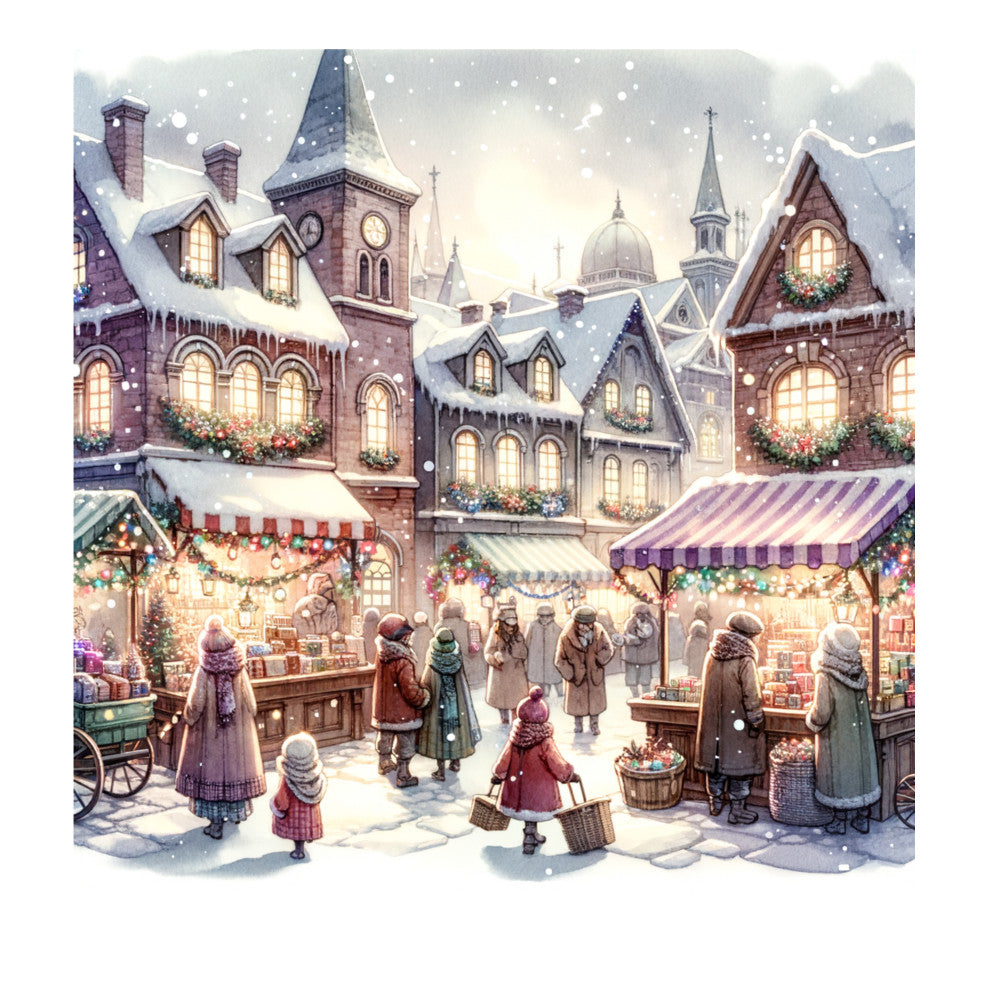 Watercolor Christmas Village Fabric Panel 8