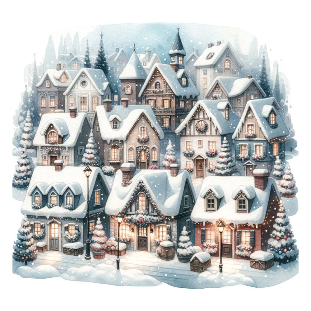 Watercolor Christmas Village Fabric Panel 9