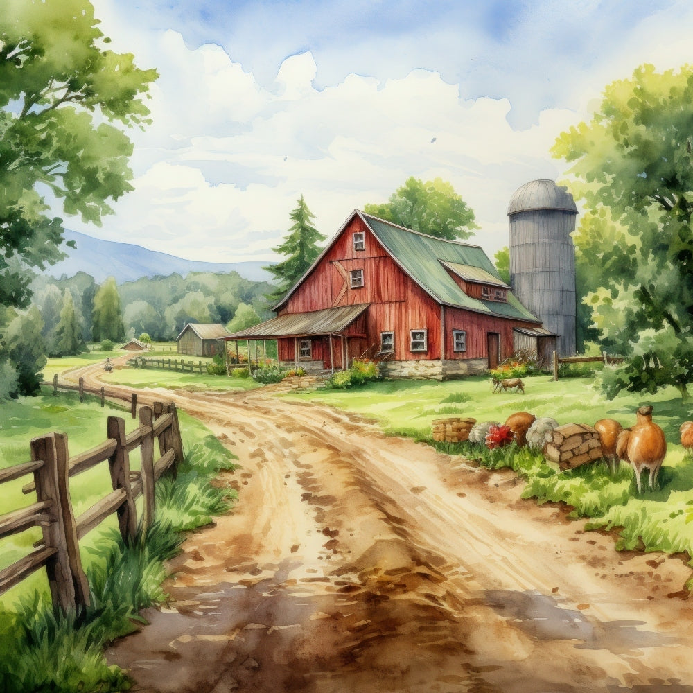 Watercolor Farm Life Fabric Panel 1