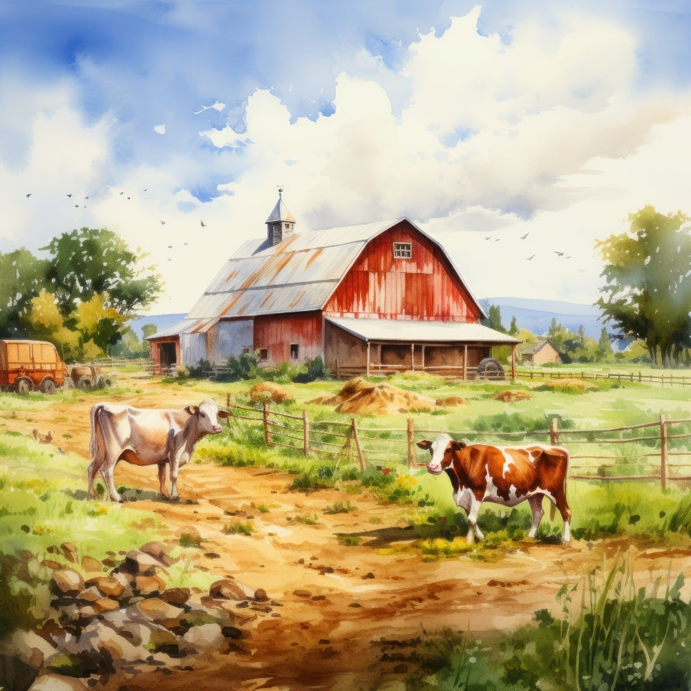 Watercolor Farm Life Fabric Panel 14 QuiltingFabricPanels