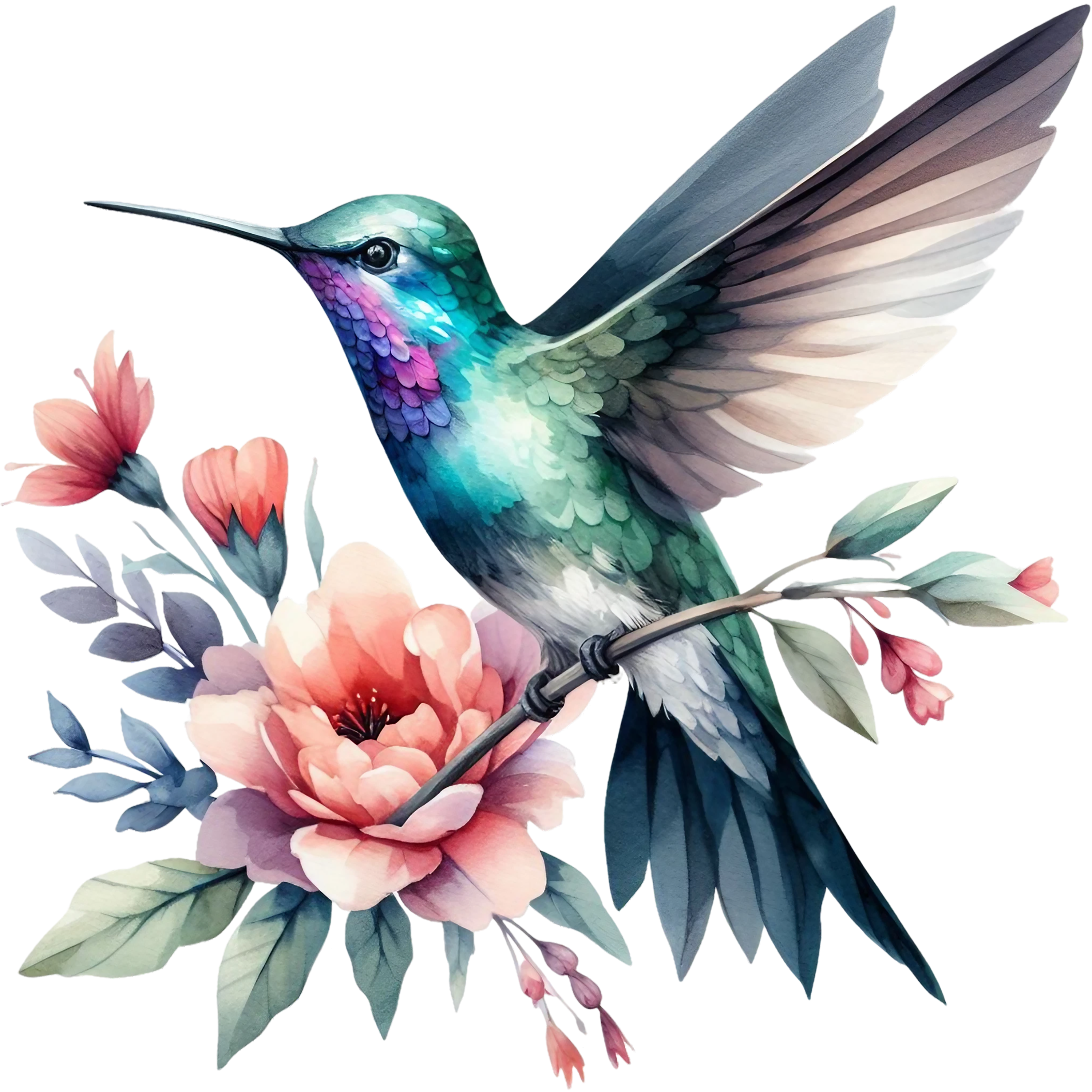 Watercolor Hummingbird Floral Fabric Panel 1