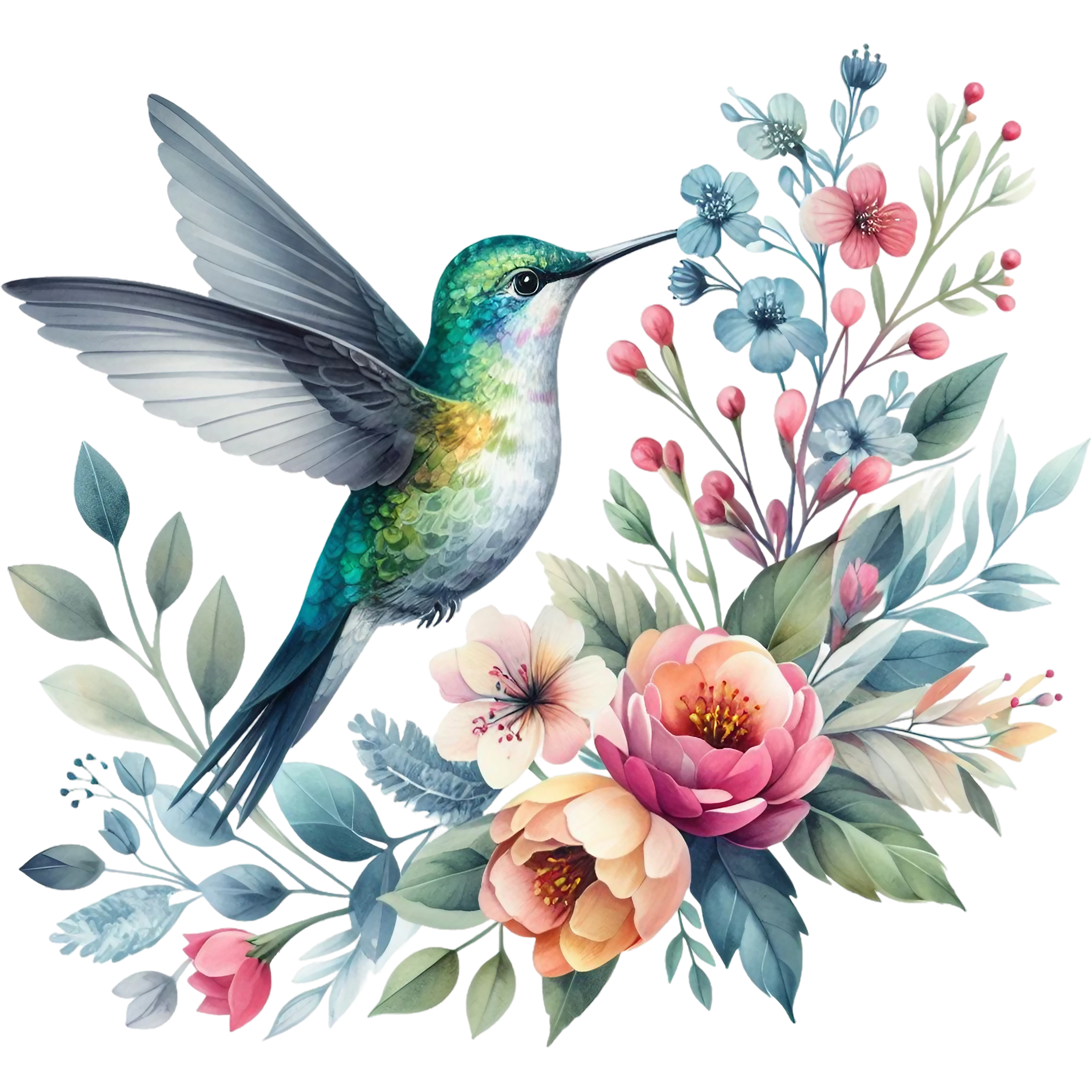 Watercolor Hummingbird Floral Fabric Panel 10
