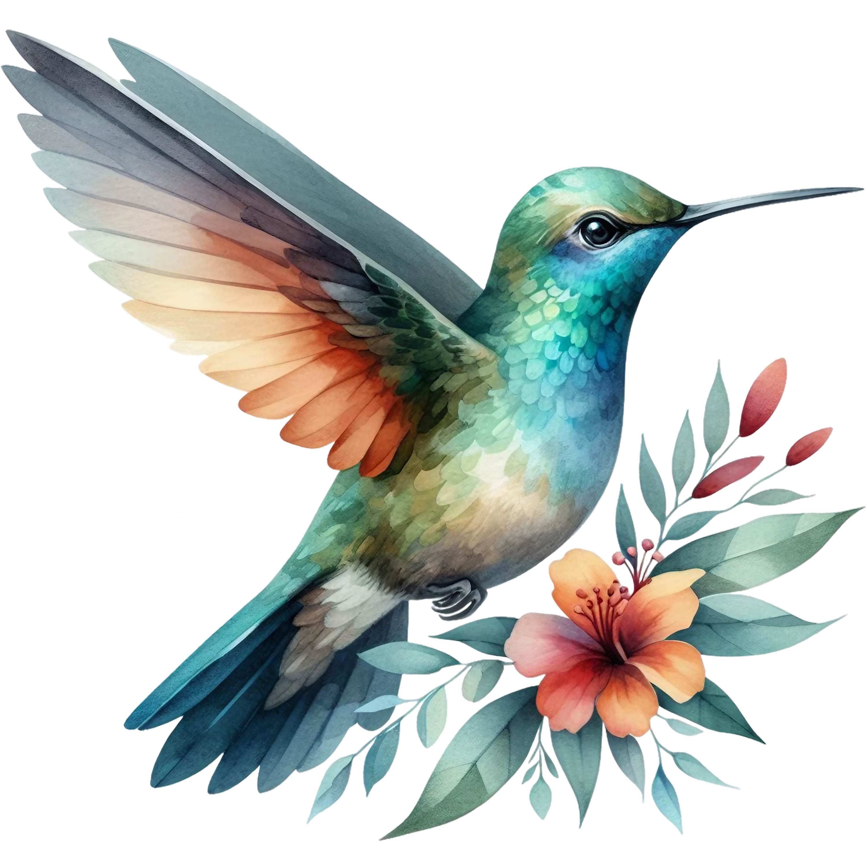 Watercolor Hummingbird Floral Fabric Panel 12