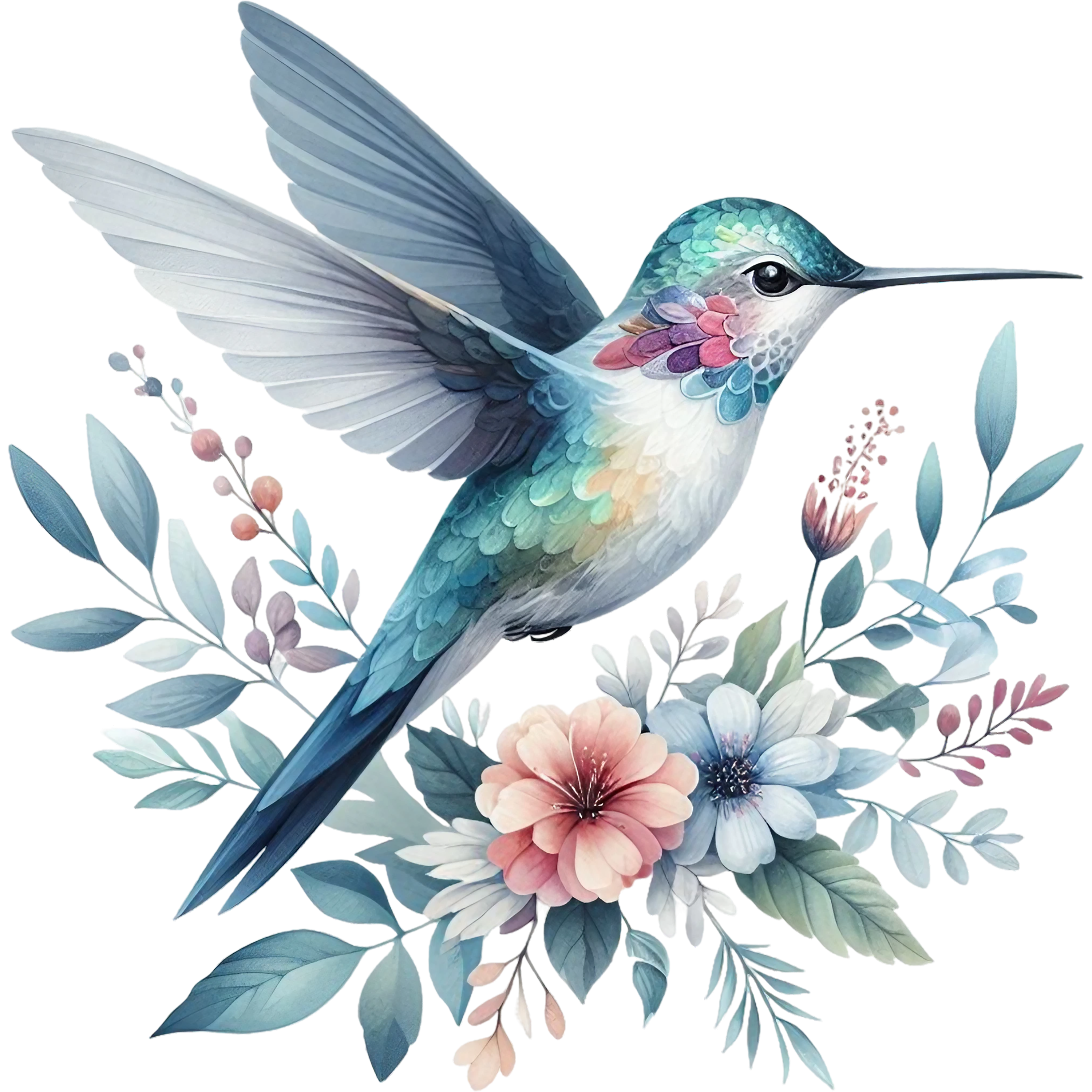 Watercolor Hummingbird Floral Fabric Panel 15