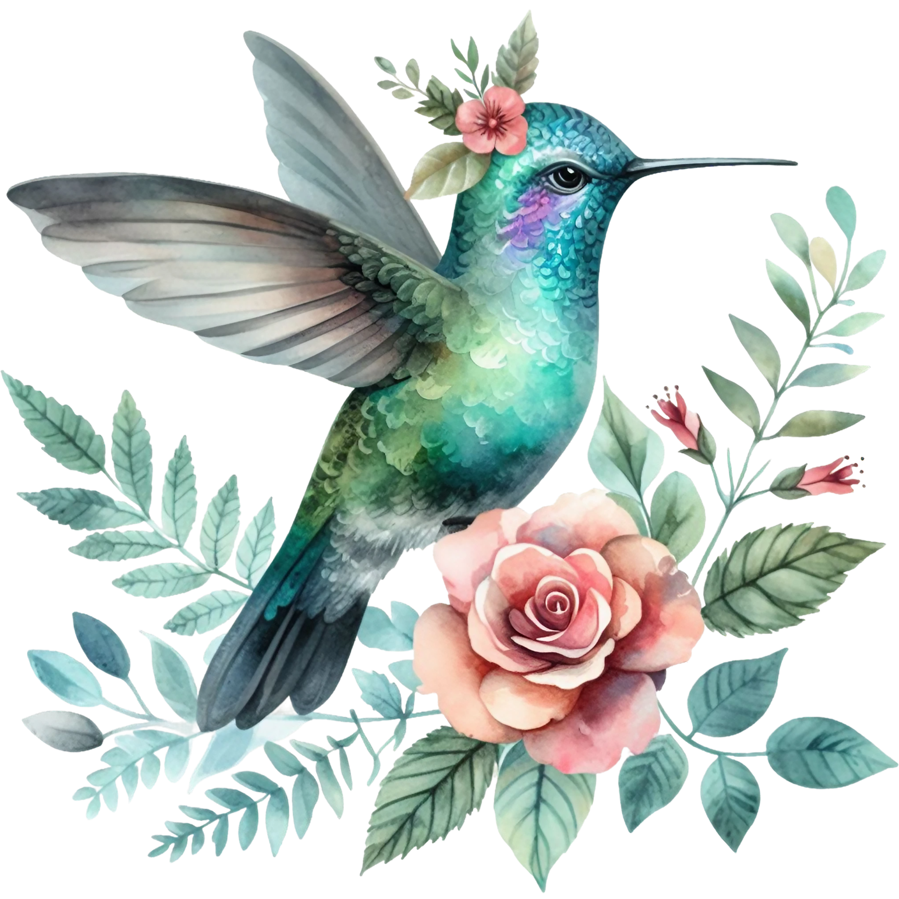Watercolor Hummingbird Floral Fabric Panel 17